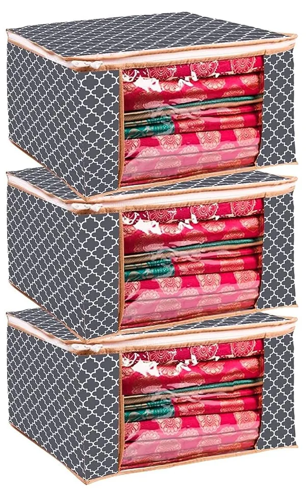 Pack_Of_3_Saree_Cover_Non_Woven_Fabric_Clothes_Organiser_For_Wardrobe_With_Transparent_Window_&_Zip_Clothes_Storage_Bag_For_Lehenga,_Suit,_Dress_Saree_Packing_Covers_For_Clothes_(Pack_Of_3,_Grey)