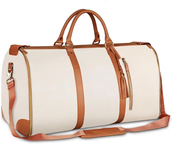_Leather_Garment_Bags_For_Travel,_Convertible_Carry_On_Garment_Bag_Large_Duffle_Bags_For_Women,_2_In_1_Hanging_Suitcase_Suit_Water_Resistant_Duffel_Travel_Bags_With_Shoe_Pouch_(Beige),_25.4_Cm