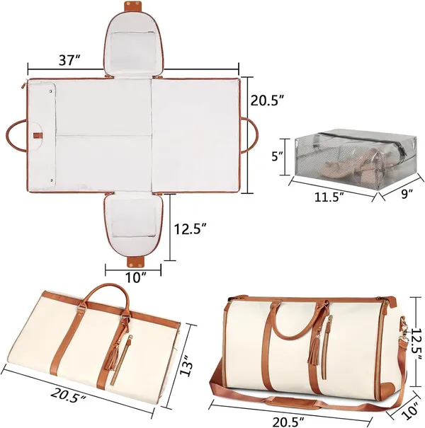 _Leather_Garment_Bags_For_Travel,_Convertible_Carry_On_Garment_Bag_Large_Duffle_Bags_For_Women,_2_In_1_Hanging_Suitcase_Suit_Water_Resistant_Duffel_Travel_Bags_With_Shoe_Pouch_(Beige),_25.4_Cm