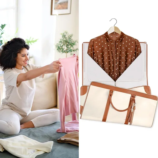 _Leather_Garment_Bags_For_Travel,_Convertible_Carry_On_Garment_Bag_Large_Duffle_Bags_For_Women,_2_In_1_Hanging_Suitcase_Suit_Water_Resistant_Duffel_Travel_Bags_With_Shoe_Pouch_(Beige),_25.4_Cm