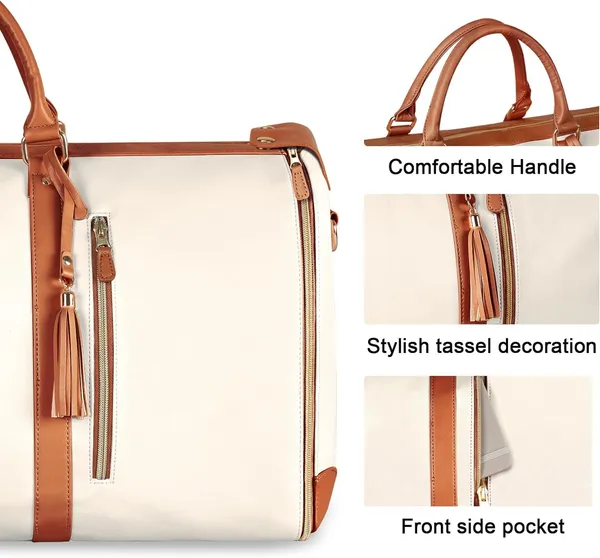 _Leather_Garment_Bags_For_Travel,_Convertible_Carry_On_Garment_Bag_Large_Duffle_Bags_For_Women,_2_In_1_Hanging_Suitcase_Suit_Water_Resistant_Duffel_Travel_Bags_With_Shoe_Pouch_(Beige),_25.4_Cm
