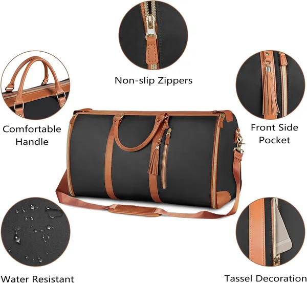 _Leather_Garment_Bags_For_Travel,_Convertible_Carry_On_Garment_Bag_Large_Duffle_Bags_For_Women,_2_In_1_Hanging_Suitcase_Suit_Water_Resistant_Duffel_Travel_Bags_With_Shoe_Pouch_(Black),_25.4_Cm