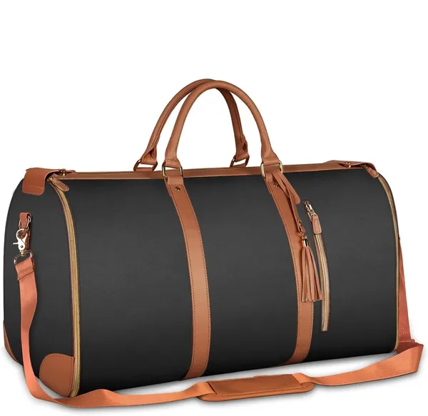 _Leather_Garment_Bags_For_Travel,_Convertible_Carry_On_Garment_Bag_Large_Duffle_Bags_For_Women,_2_In_1_Hanging_Suitcase_Suit_Water_Resistant_Duffel_Travel_Bags_With_Shoe_Pouch_(Black),_25.4_Cm