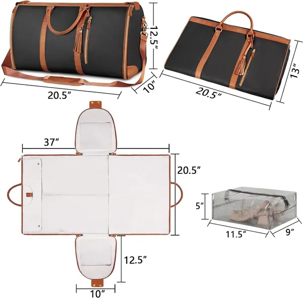 _Leather_Garment_Bags_For_Travel,_Convertible_Carry_On_Garment_Bag_Large_Duffle_Bags_For_Women,_2_In_1_Hanging_Suitcase_Suit_Water_Resistant_Duffel_Travel_Bags_With_Shoe_Pouch_(Black),_25.4_Cm
