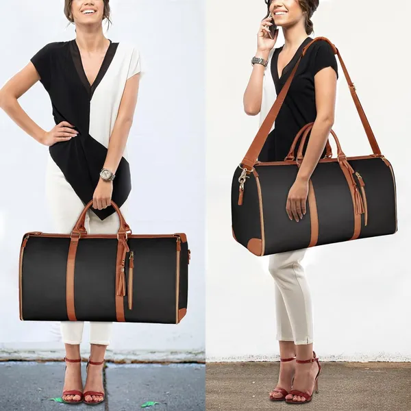 _Leather_Garment_Bags_For_Travel,_Convertible_Carry_On_Garment_Bag_Large_Duffle_Bags_For_Women,_2_In_1_Hanging_Suitcase_Suit_Water_Resistant_Duffel_Travel_Bags_With_Shoe_Pouch_(Black),_25.4_Cm