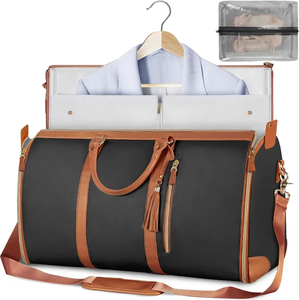 _Leather_Garment_Bags_For_Travel,_Convertible_Carry_On_Garment_Bag_Large_Duffle_Bags_For_Women,_2_In_1_Hanging_Suitcase_Suit_Water_Resistant_Duffel_Travel_Bags_With_Shoe_Pouch_(Black),_25.4_Cm