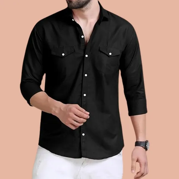 Rebelify_Men's_Black_Cotton_Blend_Long_Sleeve_Collared_Neck_Relaxed_Fit_Button_Down_Double_Pocket_XL_Size_Flap_Cargo_Shirt._(Two_Pocket_Black_Shirt_(XL))