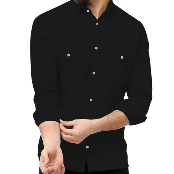 Rebelify_Men's_Black_Cotton_Blend_Long_Sleeve_Collared_Neck_Relaxed_Fit_Button_Down_Double_Pocket_XL_Size_Flap_Cargo_Shirt._(Two_Pocket_Black_Shirt_(XL))
