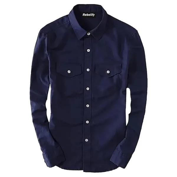 Rebelify_Men's_Blue_Cotton_Blend_Long_Sleeve_Collared_Neck_Relaxed_Fit_Button_Down_Double_Pocket_XL_Size_Flap_Cargo_Shirt._(Two_Pocket_Blue_Shirt_(XL))