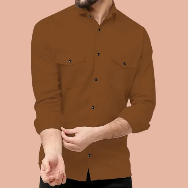 Rebelify_Men's_Brown_Cotton_Blend_Long_Sleeve_Collared_Neck_Relaxed_Fit_Button_Down_Double_Pocket_XL_Size_Flap_Cargo_Shirt._(Two_Pocket_Brown_Shirt_(XL))