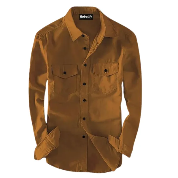 Rebelify_Men's_Brown_Cotton_Blend_Long_Sleeve_Collared_Neck_Relaxed_Fit_Button_Down_Double_Pocket_XL_Size_Flap_Cargo_Shirt._(Two_Pocket_Brown_Shirt_(XL))