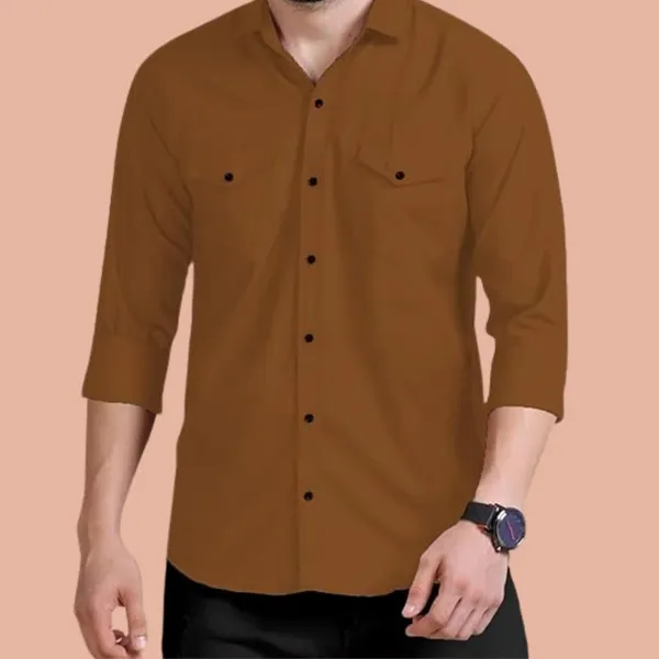 Rebelify_Men's_Brown_Cotton_Blend_Long_Sleeve_Collared_Neck_Relaxed_Fit_Button_Down_Double_Pocket_XL_Size_Flap_Cargo_Shirt._(Two_Pocket_Brown_Shirt_(XL))