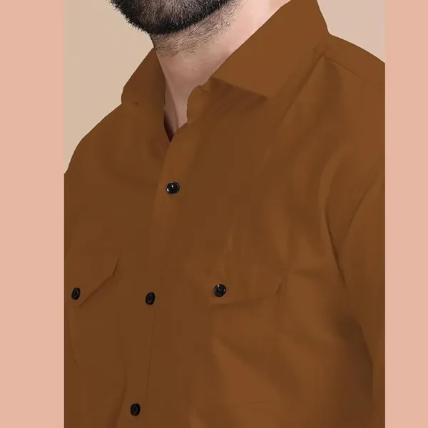 Rebelify_Men's_Brown_Cotton_Blend_Long_Sleeve_Collared_Neck_Relaxed_Fit_Button_Down_Double_Pocket_XL_Size_Flap_Cargo_Shirt._(Two_Pocket_Brown_Shirt_(XL))