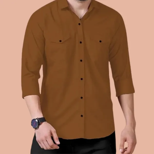Rebelify_Men's_Brown_Cotton_Blend_Long_Sleeve_Collared_Neck_Relaxed_Fit_Button_Down_Double_Pocket_XL_Size_Flap_Cargo_Shirt._(Two_Pocket_Brown_Shirt_(XL))