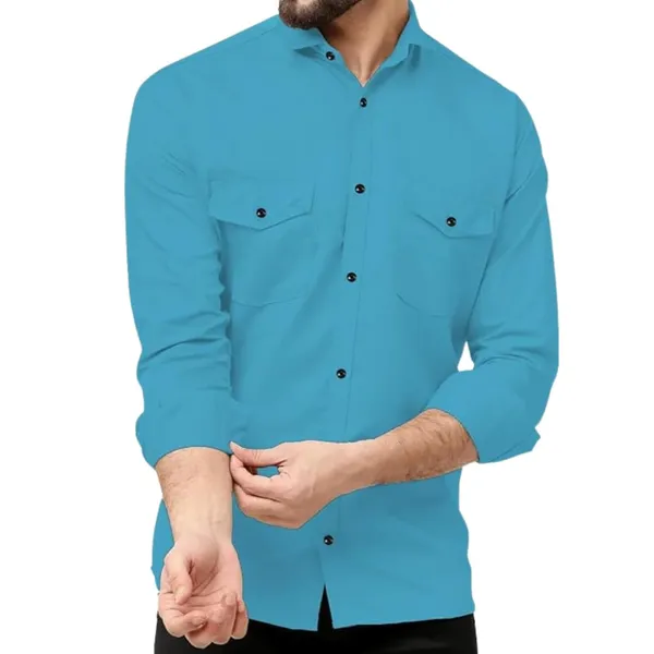Rebelify_Men's_Firozi_Cotton_Blend_Long_Sleeve_Collared_Neck_Relaxed_Fit_Button_Down_Double_Pocket_XL_Size_Flap_Cargo_Shirt._(Two_Pocket_Dark_Firozi_Shirt_(XL))