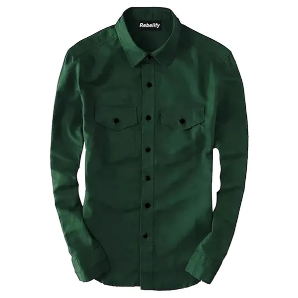 Rebelify_Men's_Green_Cotton_Blend_Long_Sleeve_Collared_Neck_Relaxed_Fit_Button_Down_Double_Pocket_XL_Size_Flap_Cargo_Shirt._(Two_Pocket_Green_Shirt_(XL))