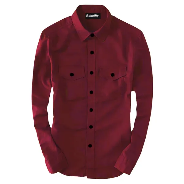 Rebelify_Men's_Maroon_Cotton_Blend_Long_Sleeve_Collared_Neck_Relaxed_Fit_Button_Down_Double_Pocket_XL_Size_Flap_Cargo_Shirt._(Two_Pocket_Maroon_Shirt_(XL))