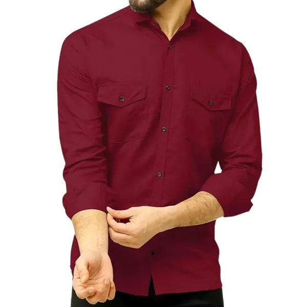 Rebelify_Men's_Maroon_Cotton_Blend_Long_Sleeve_Collared_Neck_Relaxed_Fit_Button_Down_Double_Pocket_XL_Size_Flap_Cargo_Shirt._(Two_Pocket_Maroon_Shirt_(XL))