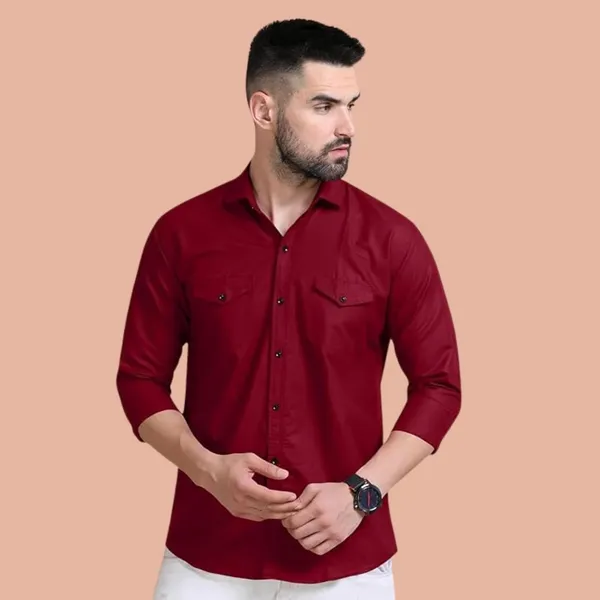 Rebelify_Men's_Maroon_Cotton_Blend_Long_Sleeve_Collared_Neck_Relaxed_Fit_Button_Down_Double_Pocket_XL_Size_Flap_Cargo_Shirt._(Two_Pocket_Maroon_Shirt_(XL))