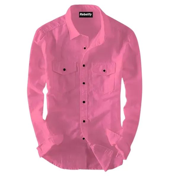 Rebelify_Men's_Pink_Cotton_Blend_Long_Sleeve_Collared_Neck_Relaxed_Fit_Button_Down_Double_Pocket_XL_Size_Flap_Cargo_Shirt._(Two_Pocket_Pink_Shirt_(XL))