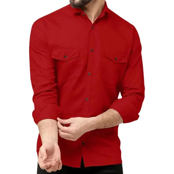 Rebelify_Men's_Red_Cotton_Blend_Long_Sleeve_Collared_Neck_Relaxed_Fit_Button_Down_Double_Pocket_XL_Size_Flap_Cargo_Shirt._(Two_Pocket_Red_Shirt_(XL))
