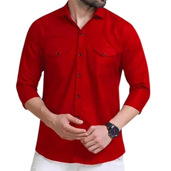 Rebelify_Men's_Red_Cotton_Blend_Long_Sleeve_Collared_Neck_Relaxed_Fit_Button_Down_Double_Pocket_XL_Size_Flap_Cargo_Shirt._(Two_Pocket_Red_Shirt_(XL))