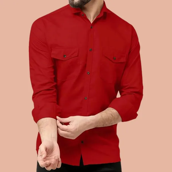 Rebelify_Men's_Red_Cotton_Blend_Long_Sleeve_Collared_Neck_Relaxed_Fit_Button_Down_Double_Pocket_XL_Size_Flap_Cargo_Shirt._(Two_Pocket_Red_Shirt_(XL))