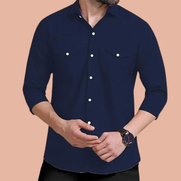Rebelify_Men's_Blue_Cotton_Blend_Long_Sleeve_Collared_Neck_Relaxed_Fit_Button_Down_Double_Pocket_XL_Size_Flap_Cargo_Shirt._(Two_Pocket_Sky_Blue_Shirt_(XL))