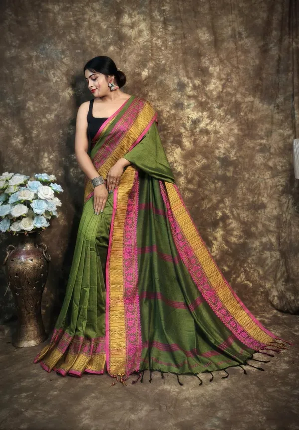Olive_Green_Premium_Handwoven_Bengal_Cotton_Saree_For_Women