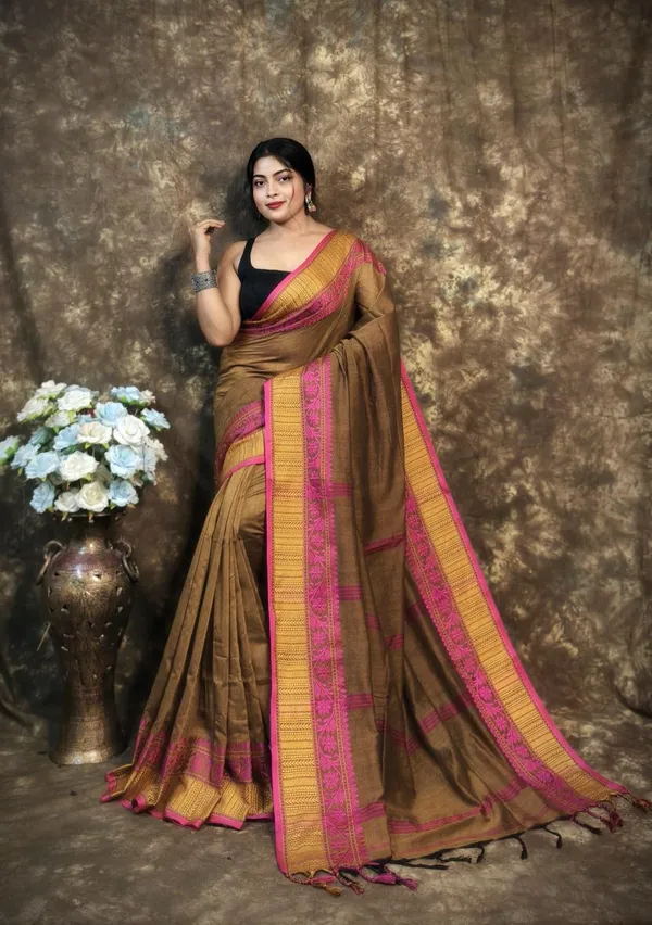 Olive_Green_Premium_Handwoven_Bengal_Cotton_Saree_For_Women