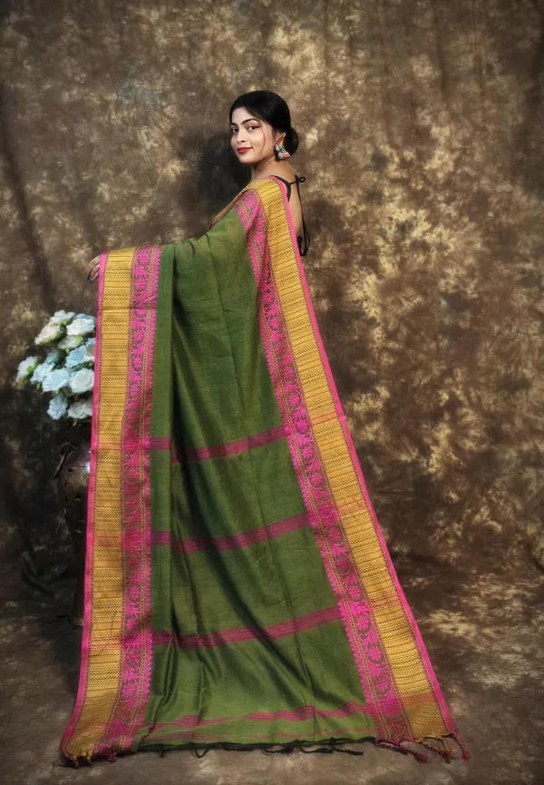 Olive_Green_Premium_Handwoven_Bengal_Cotton_Saree_For_Women