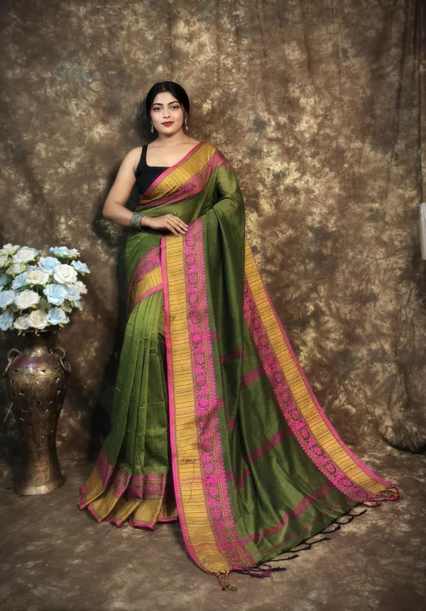 Olive_Green_Premium_Handwoven_Bengal_Cotton_Saree_For_Women