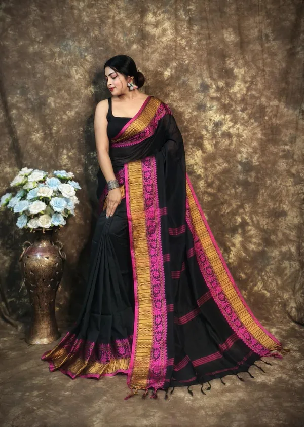 Black_Handwoven_Bengal_Cotton_Saree_For_Women_|_Premium_Quality_Lightweight_Sarees_For_All_Ocassion