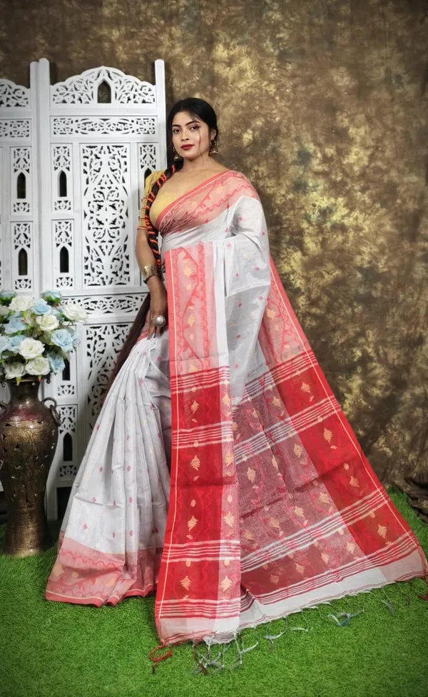 White_&_Red_Premium_Handloom_Tissue_Saree_For_Women