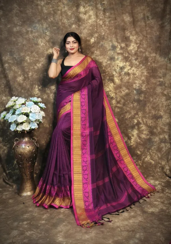 Dark_Purple_Premium_Handwoven_Bengal_Cotton_Saree_For_Women