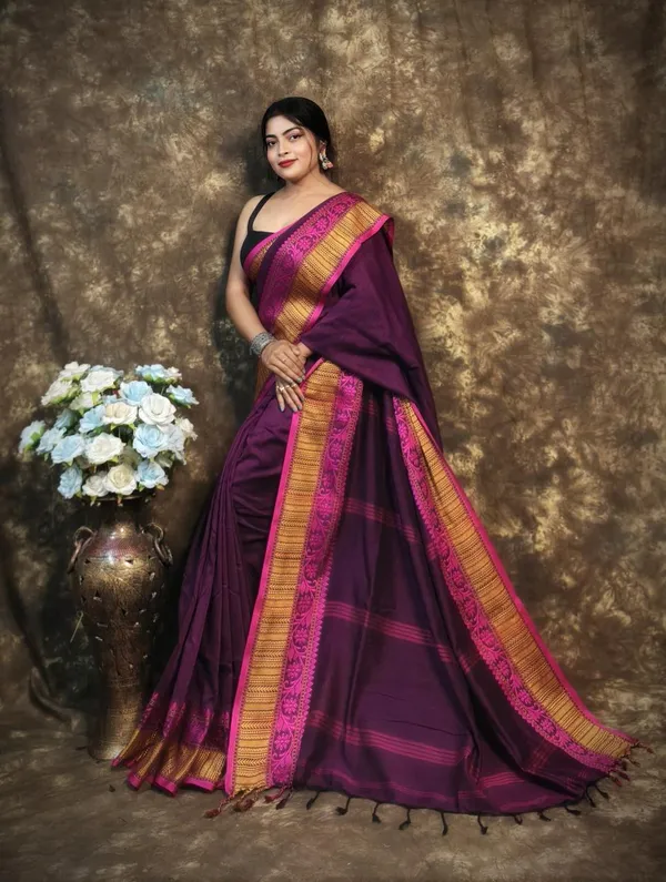 Dark_Purple_Premium_Handwoven_Bengal_Cotton_Saree_For_Women