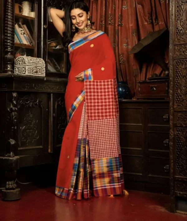 Red_Pure_Cotton_Gamcha_Design_Saree_For_Women_|_Premium_Quality_Lightweight_Sarees_For_All_Ocassion