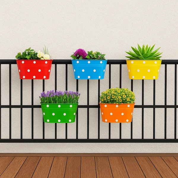 Pack_Of_5_Multicolour_Railing_Planters_Dotted_Oval_Rectangular_Shape_Hanging_Flower_Pots