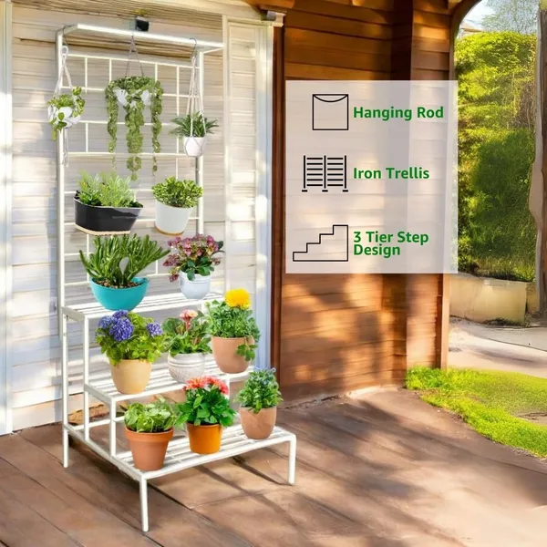 White_Tier_Plant_Stand_With_Space_Of_Hanging_Planters_Flower_Pot_Organizer_Rack