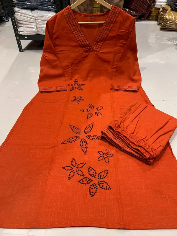 Orange_Cotton_Embroidered_Kurti_set