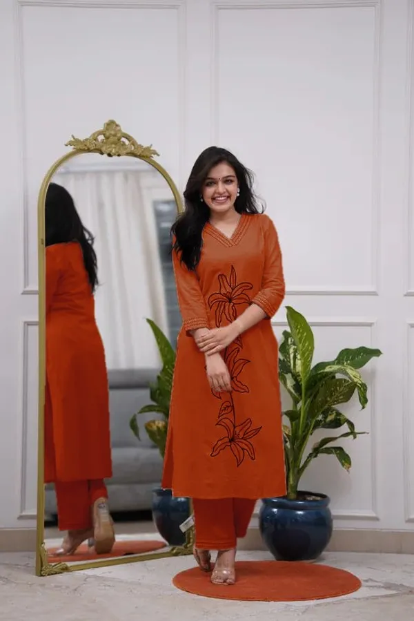 Orange_Cotton_Embroidered_Kurti_set