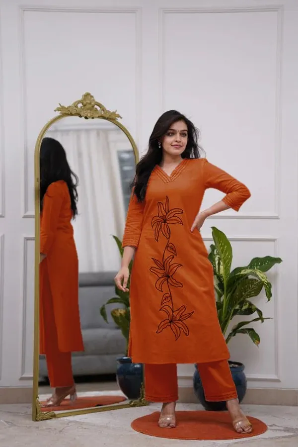 Orange_Cotton_Embroidered_Kurti_set