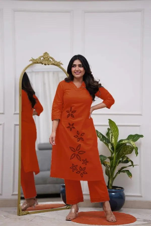 Orange_Cotton_Embroidered_Kurti_set