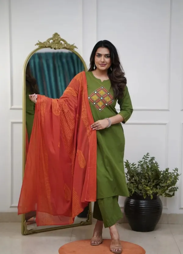 Pista_Green_Kurti_Set_with_Ivory_Embroidery_and_Orange_Dupatta