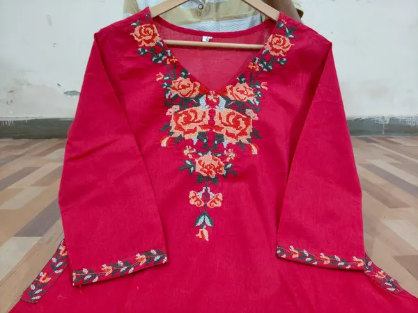 Cotton_kurti_pant_embroidery_work_Red_colour