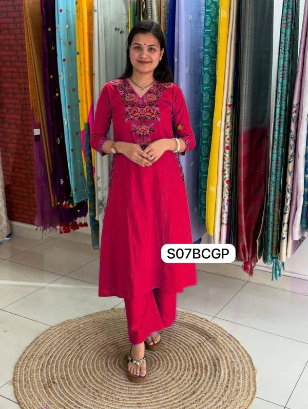 Cotton_kurti_pant_embroidery_work_Red_colour