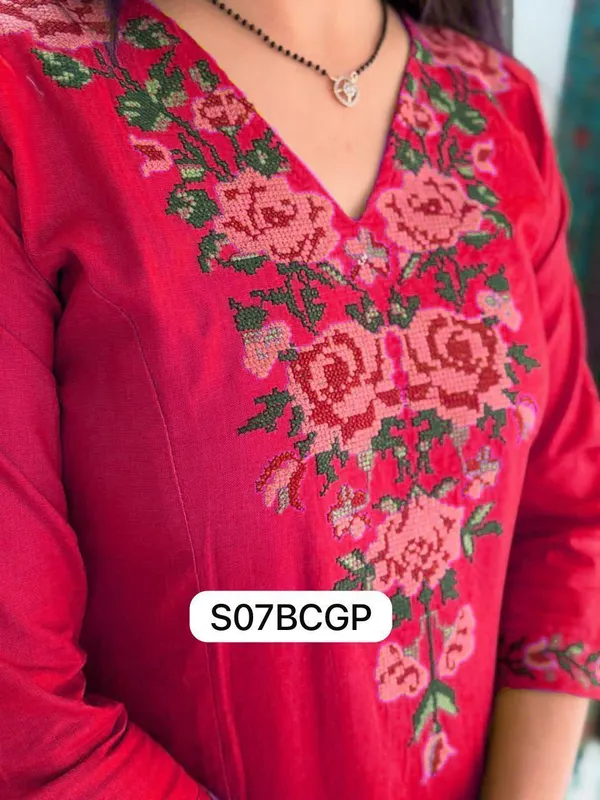 Cotton_kurti_pant_embroidery_work_Red_colour