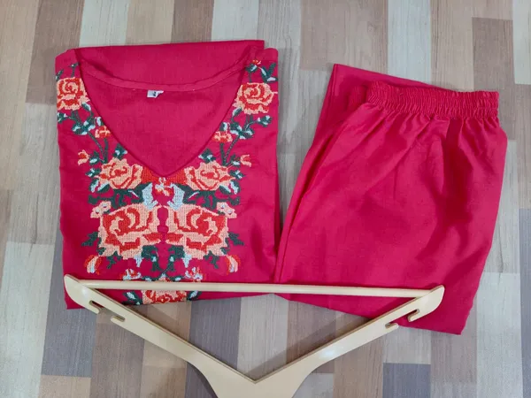 Cotton_kurti_pant_embroidery_work_Red_colour