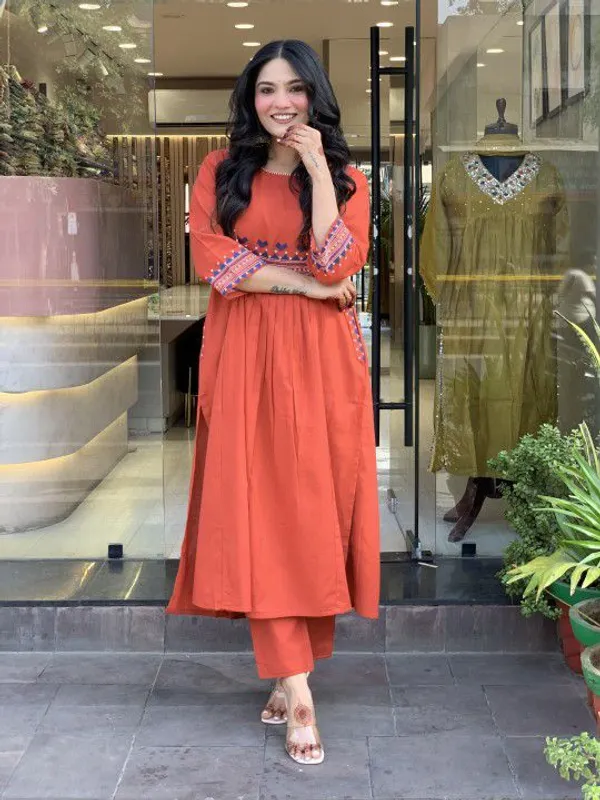 Embroidered_Pure_Cotton_Rust_Kurti_with_Pant