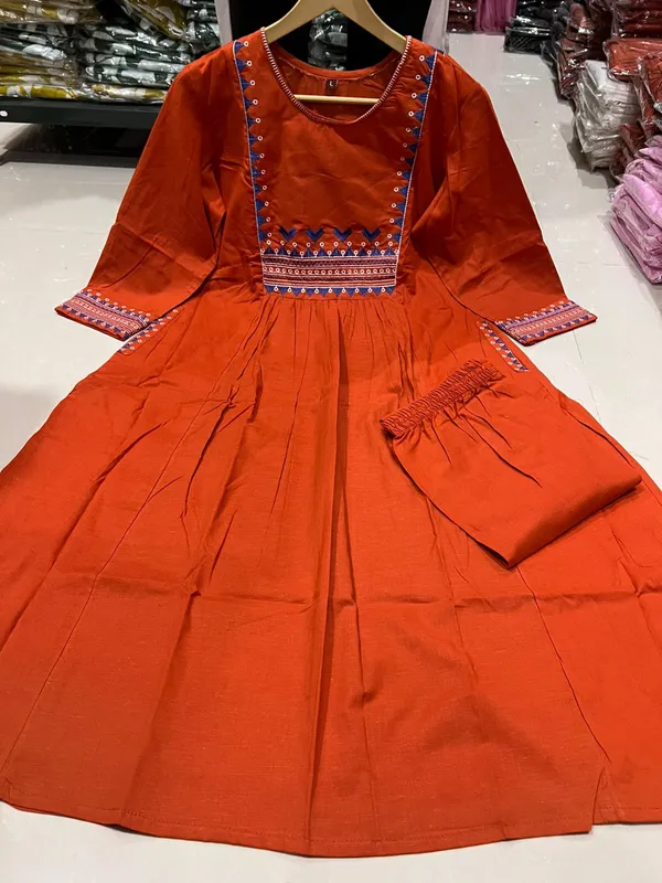 Embroidered_Pure_Cotton_Rust_Kurti_with_Pant